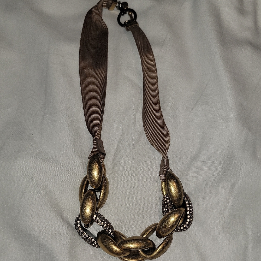 LOFT Gold-Tone Link Necklace with Brown Ribbon